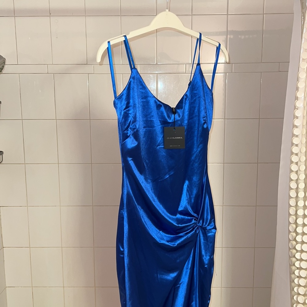 JLUXLABEL Blue Aldis Satin Slit Dress